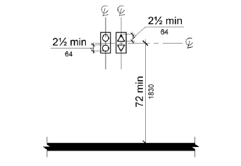 Visible signals are shown centered at 72 inches (1830 mm) minimum above the floor ground.  The individual up and down elements, one with circular elements, another with triangular elements, are 2 1/2 inches (64 mm) minimum measured along the vertical centerline of the element.